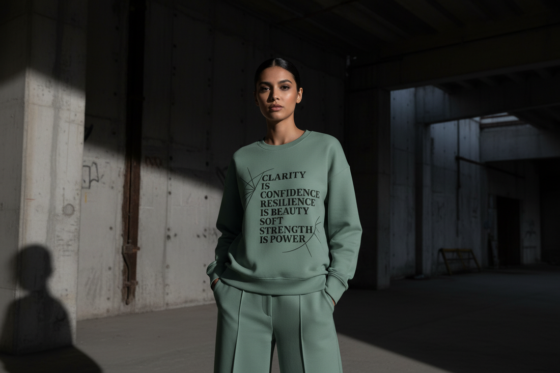 SANS & SOUL sage green sweatshirt editorial - Clarity is Confidence, Resilience is Beauty, Soft Strength is Power