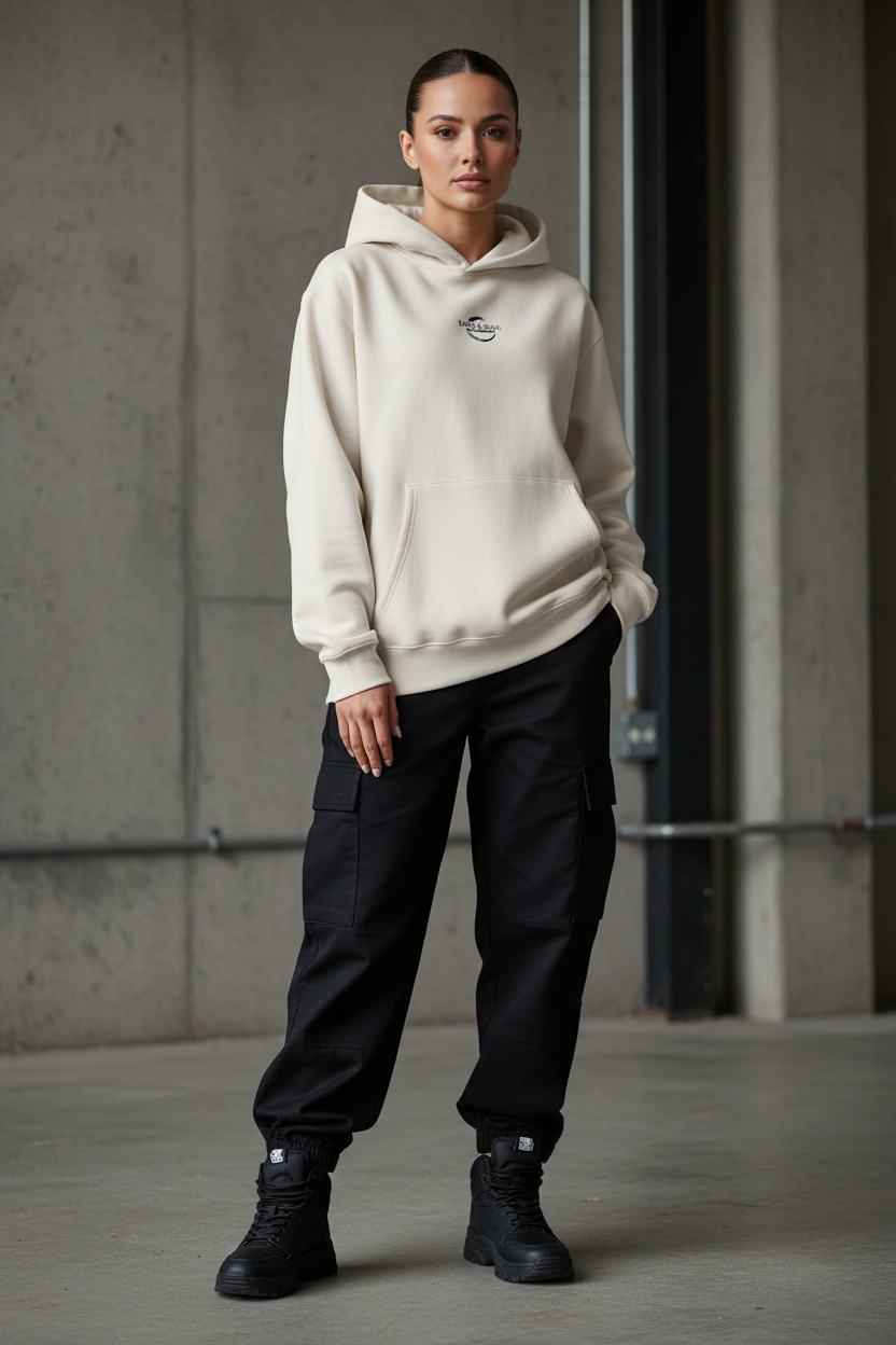 Female model wearing Sans Soul hoodie with cargo pants lookbook