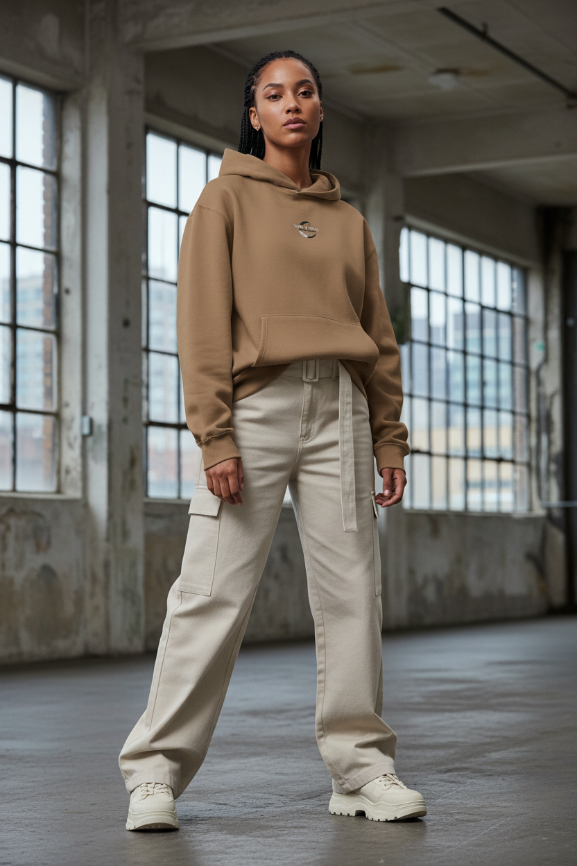 Female model wearing vintage brown Sans Soul hoodie with cargo pants lookbook