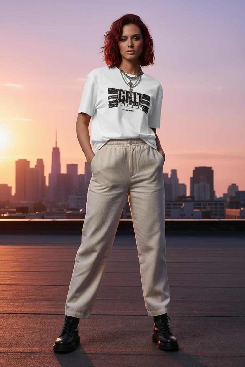 GRIT Women's Heavyweight Boxy Tee White – RESILIENT RISE graphic streetwear, model wearing boxy fit tee with wide-leg trousers and black boots, rooftop city skyline golden hour editorial
