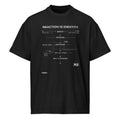 REAKT R3 black oversized T-shirt featuring a white technical flowchart graphic with the text "Reaction Is Identity", "Input", "Process", "Response", and "Built to Respond" printed on the front

