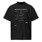 REAKT R3 black oversized T-shirt featuring a white technical flowchart graphic with the text "Reaction Is Identity", "Input", "Process", "Response", and "Built to Respond" printed on the front


