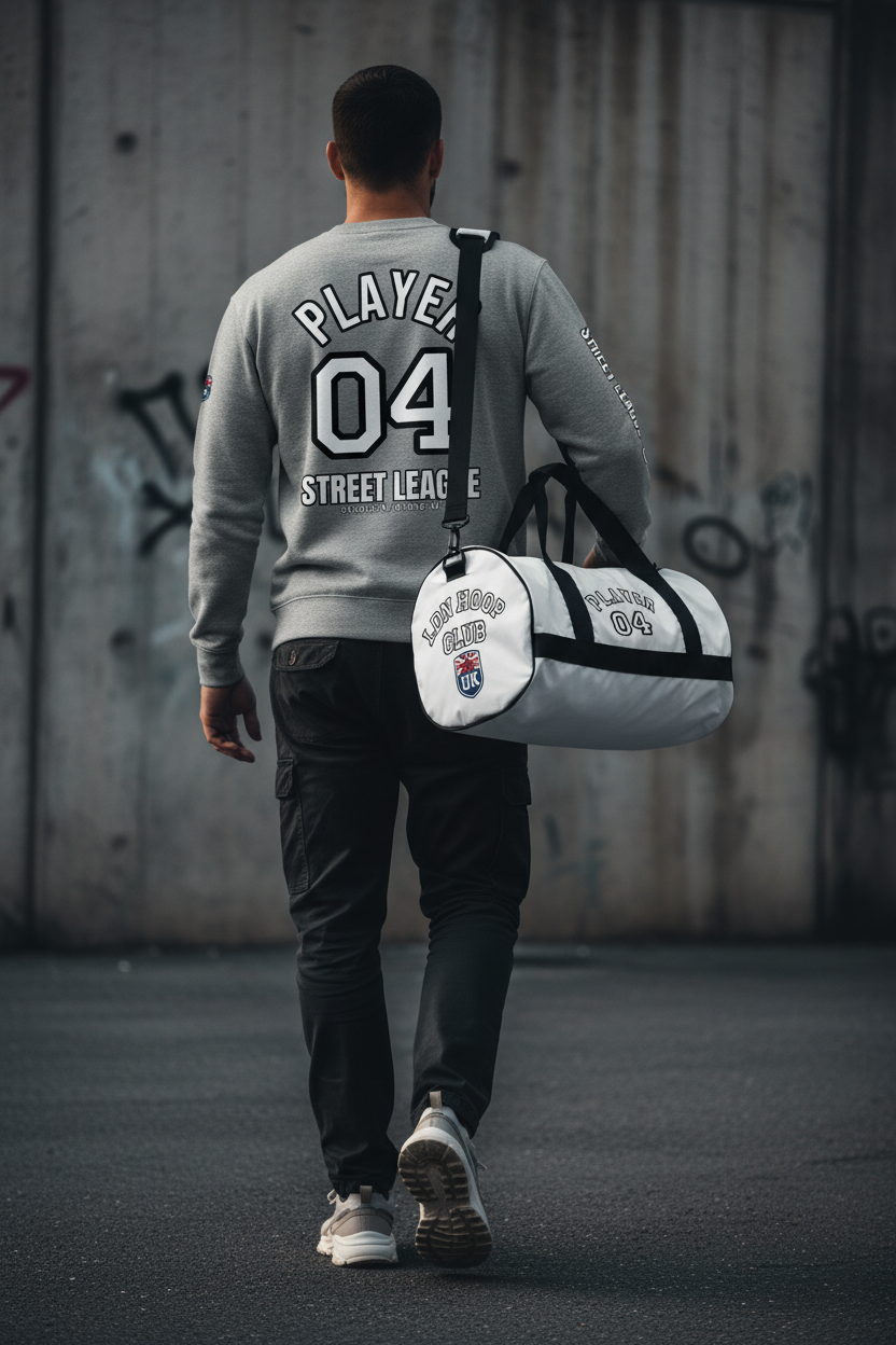 Model back view wearing charcoal grey LDN Hoop Club sweatshirt with gym bag