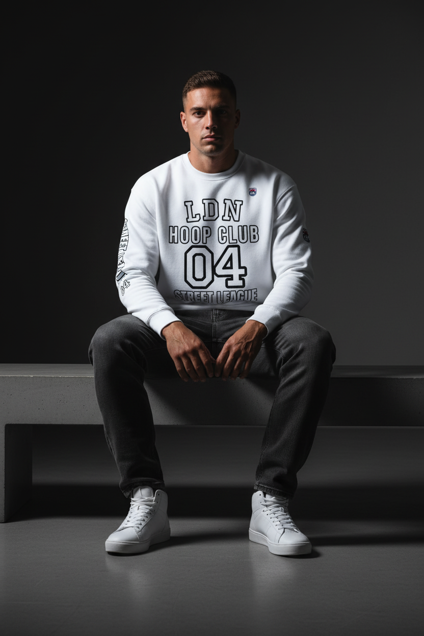 Model in seated pose wearing white LDN Hoop Club sweatshirt