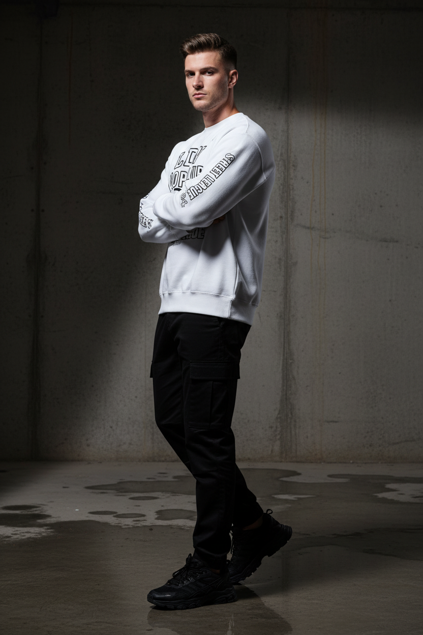 Model in side profile pose wearing white LDN Hoop Club sweatshirt