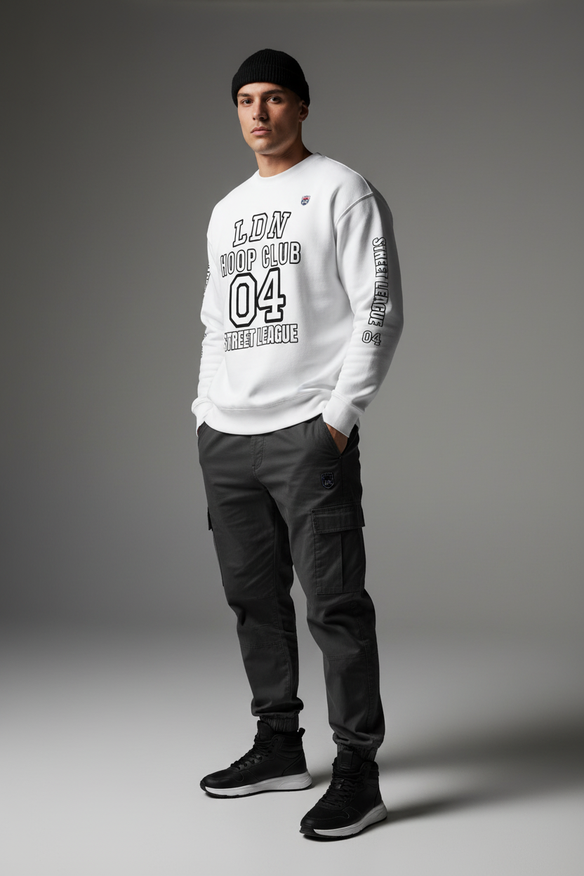 Model in standing pose wearing white LDN Hoop Club sweatshirt