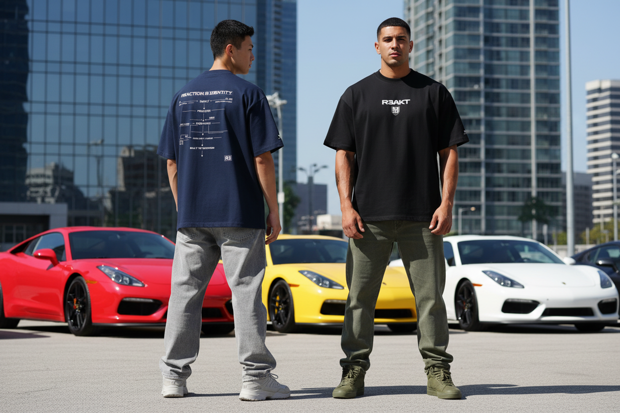 Two male models wearing R3AKT oversized high neck drop-shoulder tees in an urban car park setting — Model 1 (left) back view in French Navy tee with "Reaction Is Identity" graphic print, light grey wide-leg jeans and white chunky sneakers; Model 2 (right) front view in Black tee with R3AKT chest logo, olive wide-leg trousers and olive high top boots — red, yellow and white sports cars with city skyscrapers in background

