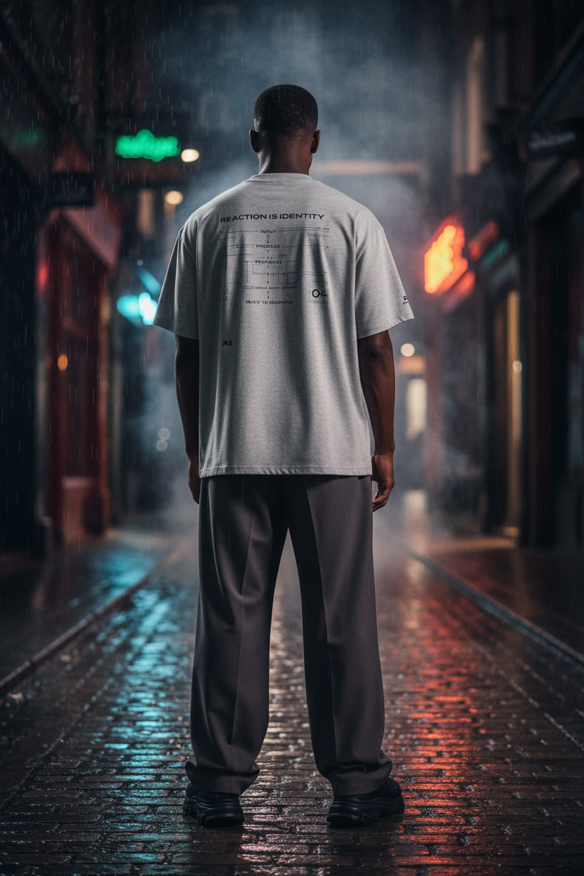 R3AKT Oversized High Neck T-Shirt in Heather Grey — Back view showing Reaction Is Identity graphic
