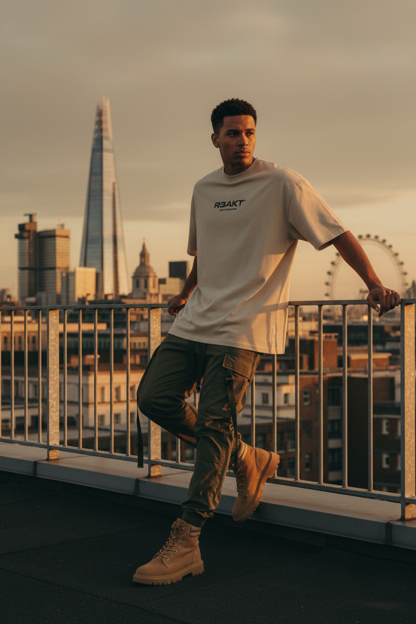 R3AKT Oversized High Neck T-Shirt in Stone — Front view with shield chest logo

