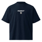 R3AKT Men's Organic Oversized High Neck T-Shirt in French Navy – front view showing boxy drop-shoulder silhouette, structured mock neck, R3AKT wordmark and shield logo on chest

