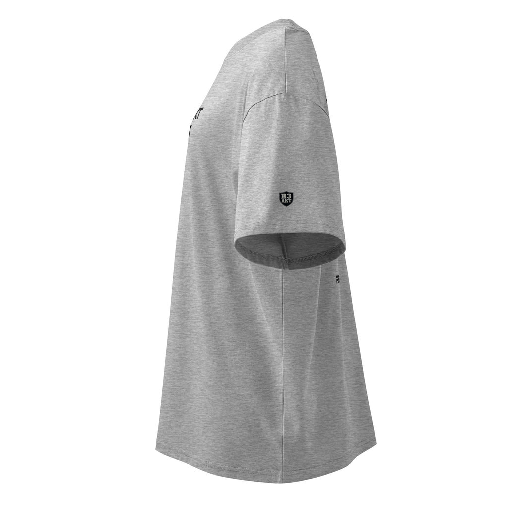 R3AKT Oversized High Neck T-Shirt in Heather Grey — Left side view showing dropped shoulder silhouette
