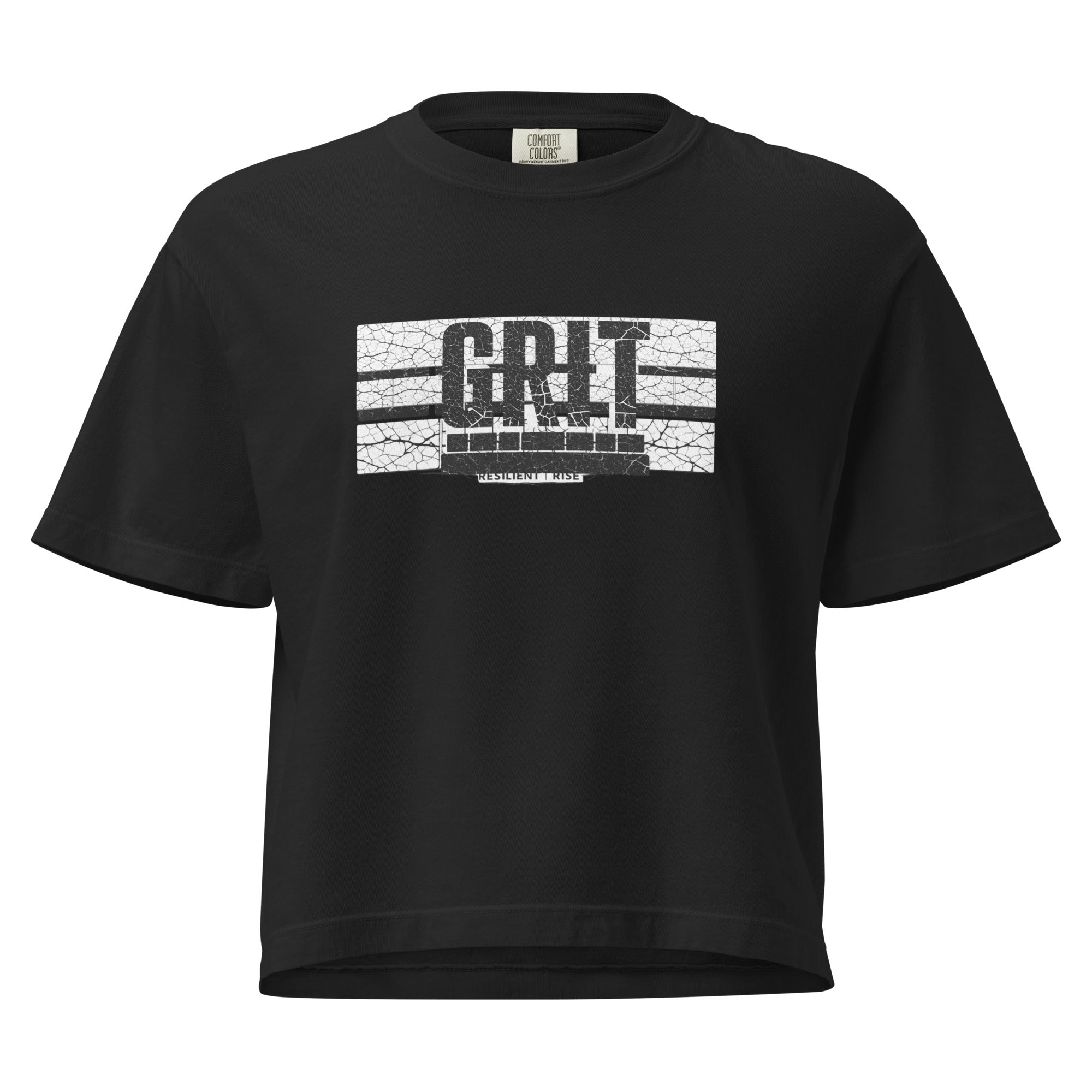 "GRIT Women's Heavyweight Boxy Tee Black – RESILIENT RISE distressed graphic, Comfort Colors boxy fit, front view"
