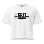 "GRIT Women's Heavyweight Boxy Tee White – RESILIENT RISE distressed graphic, Comfort Colors boxy fit, front view"
