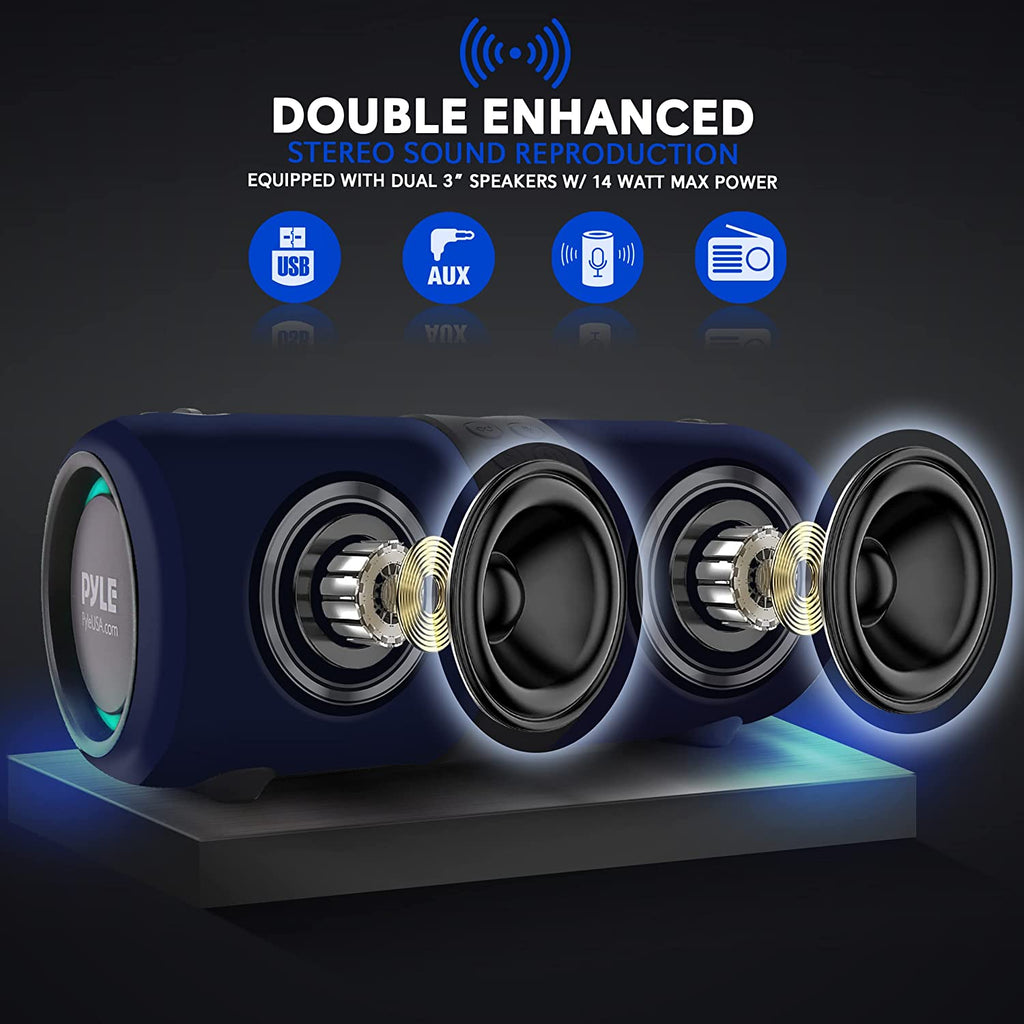 Wireless Portable Bluetooth Boombox Speaker - 2Ch Waterproof Rechargeable Fabric Stereo Speaker W/Google Assistant/Siri Voice Control, TWS Function, USB FM Radio, RGB Lights -PSBWP9BL (Blue)