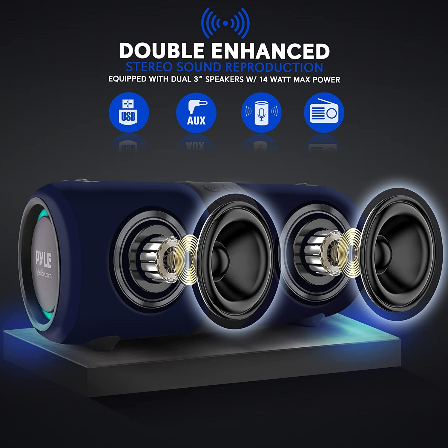 Wireless Portable Bluetooth Boombox Speaker - 2Ch Waterproof Rechargeable Fabric Stereo Speaker W/Google Assistant/Siri Voice Control, TWS Function, USB FM Radio, RGB Lights -PSBWP9BL (Blue)