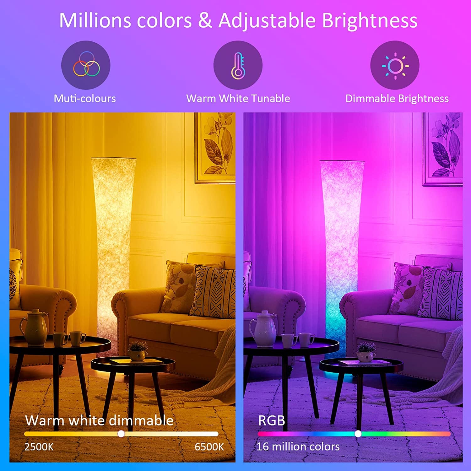 Floor Lamp, 64" Tall Dimmable and RGB Color Changing LED Smart Bulbs White Fabric Shade, with Remote Control, Standing Lamp for Living Room, Bedroom Play Room