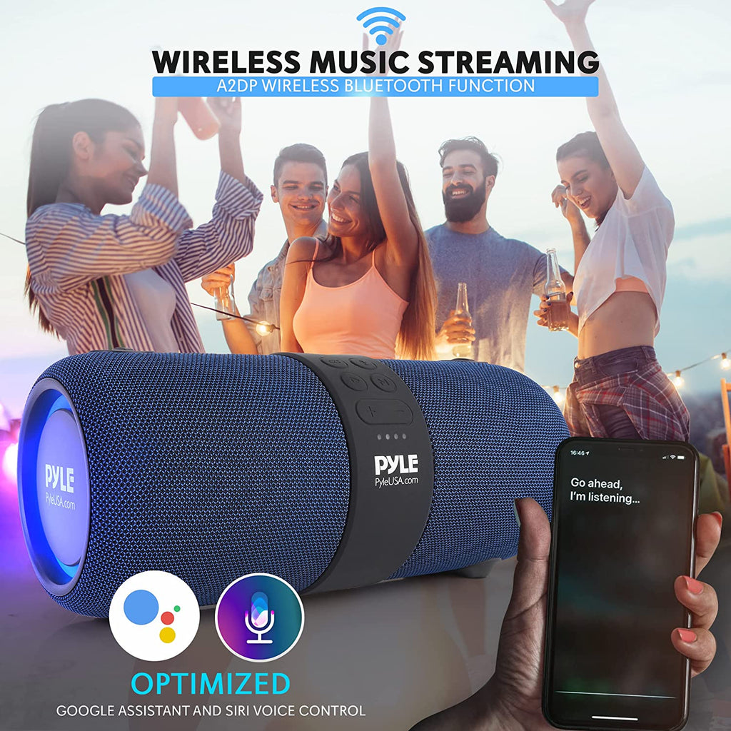 Wireless Portable Bluetooth Boombox Speaker - 2Ch Waterproof Rechargeable Fabric Stereo Speaker W/Google Assistant/Siri Voice Control, TWS Function, USB FM Radio, RGB Lights -PSBWP9BL (Blue)