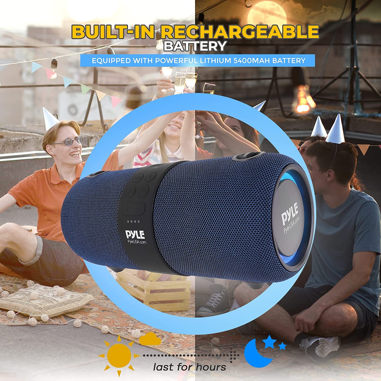 Wireless Portable Bluetooth Boombox Speaker - 2Ch Waterproof Rechargeable Fabric Stereo Speaker W/Google Assistant/Siri Voice Control, TWS Function, USB FM Radio, RGB Lights -PSBWP9BL (Blue)