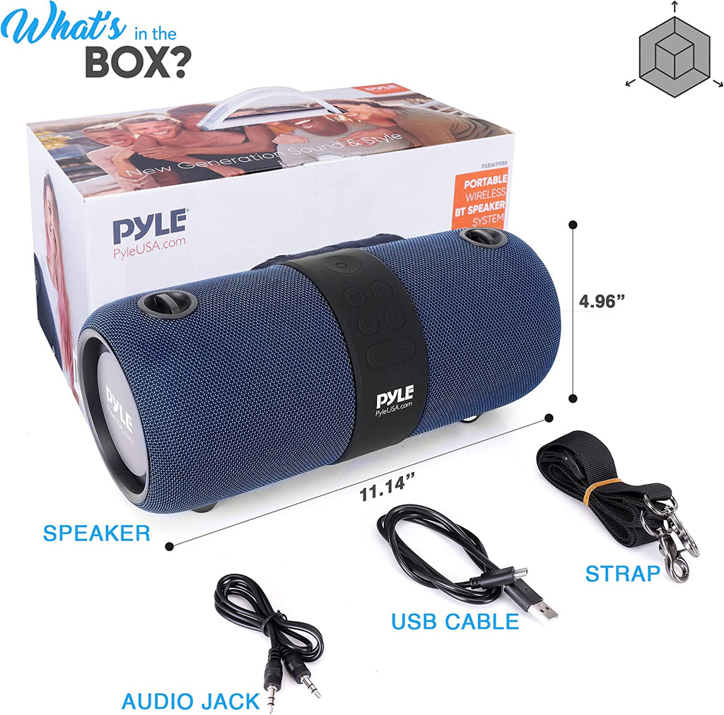 Wireless Portable Bluetooth Boombox Speaker - 2Ch Waterproof Rechargeable Fabric Stereo Speaker W/Google Assistant/Siri Voice Control, TWS Function, USB FM Radio, RGB Lights -PSBWP9BL (Blue)