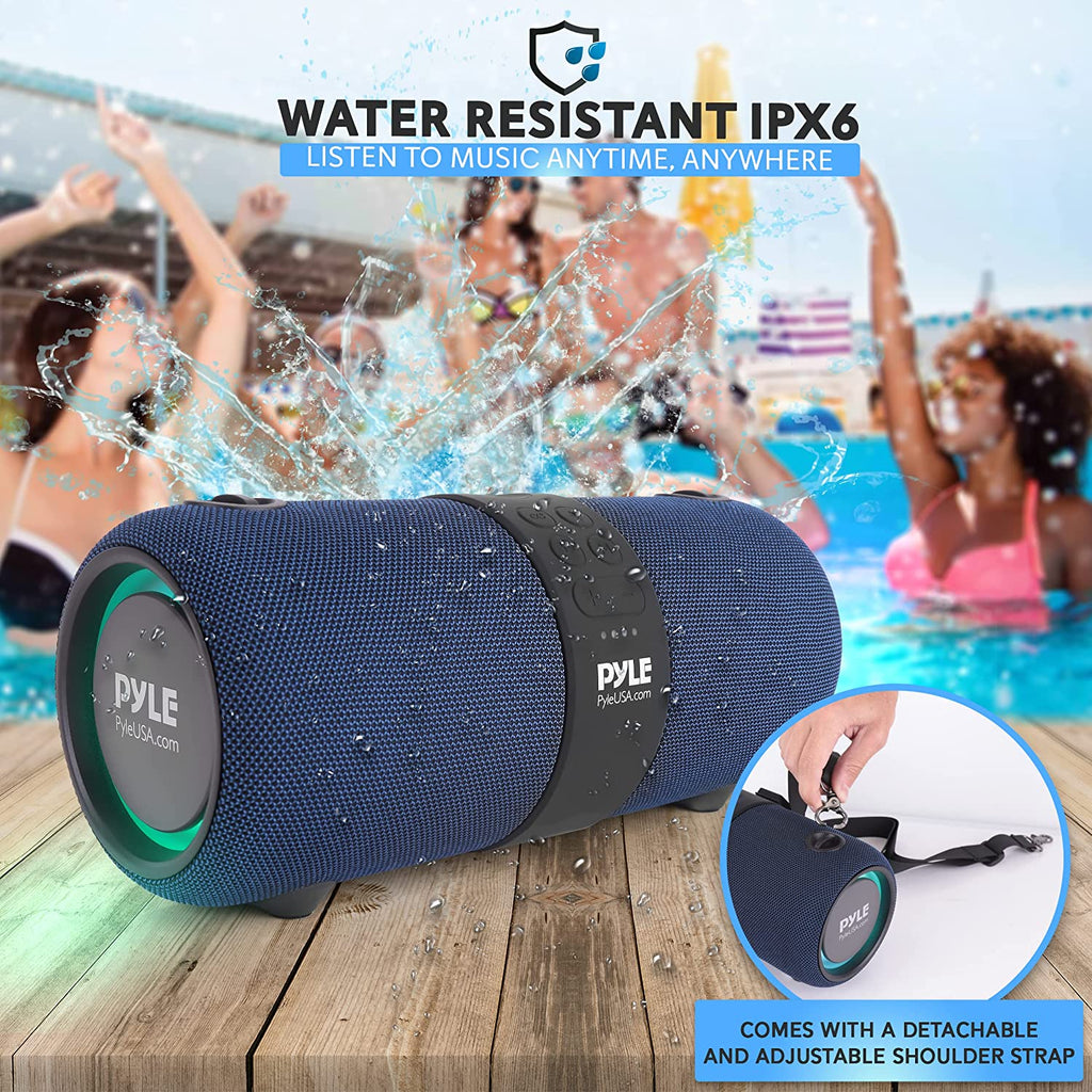 Wireless Portable Bluetooth Boombox Speaker - 2Ch Waterproof Rechargeable Fabric Stereo Speaker W/Google Assistant/Siri Voice Control, TWS Function, USB FM Radio, RGB Lights -PSBWP9BL (Blue)