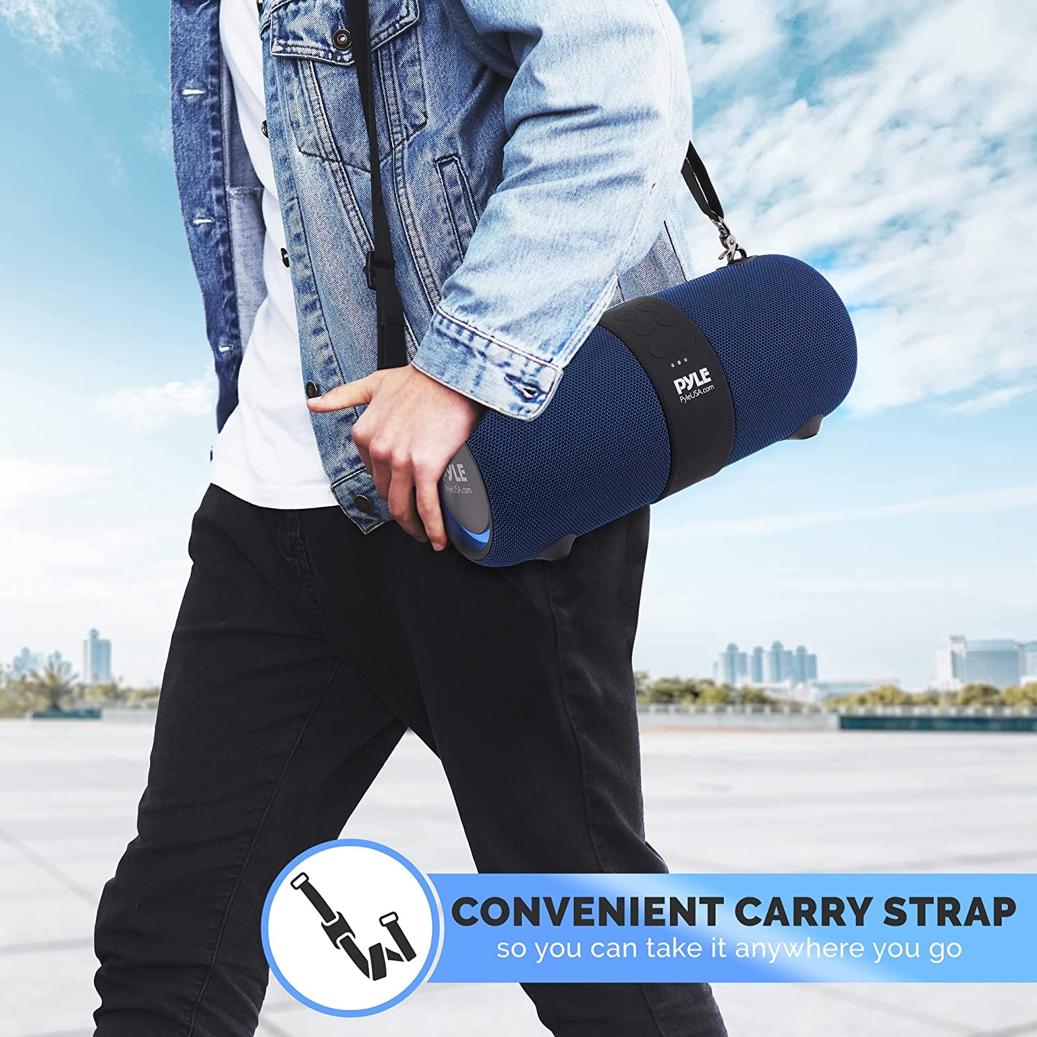 Wireless Portable Bluetooth Boombox Speaker - 2Ch Waterproof Rechargeable Fabric Stereo Speaker W/Google Assistant/Siri Voice Control, TWS Function, USB FM Radio, RGB Lights -PSBWP9BL (Blue)